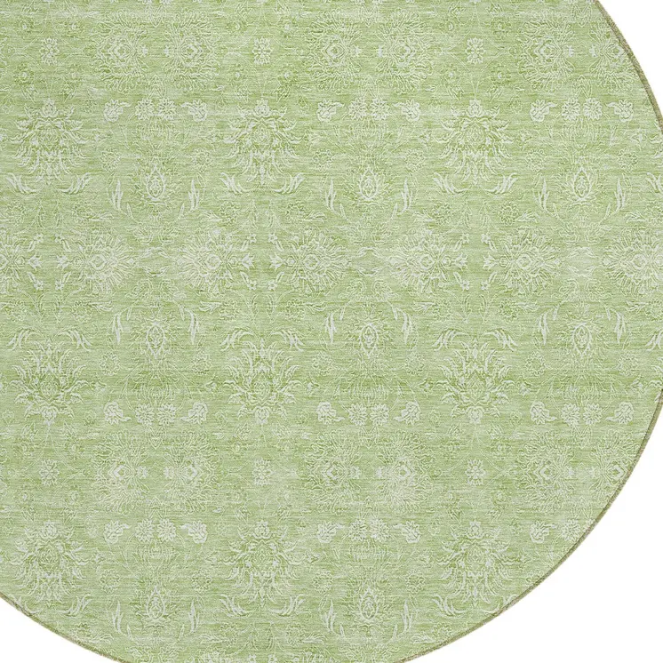 8' Artichoke Green Mint Green And Ivory Round Floral Washable Indoor Outdoor Area Rug