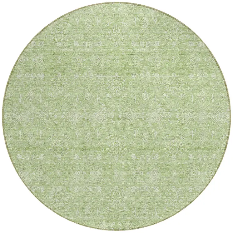 8' Artichoke Green Mint Green And Ivory Round Floral Washable Indoor Outdoor Area Rug