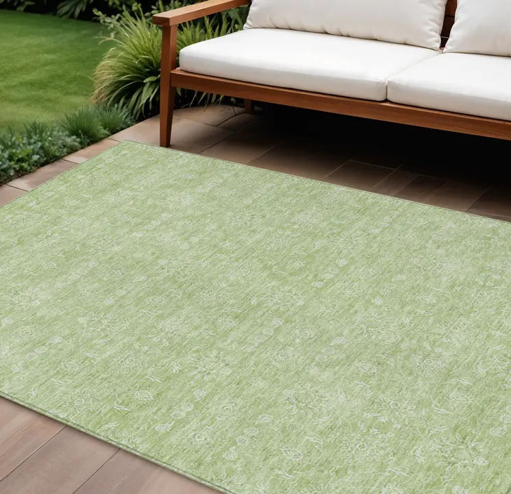 9' X 12' Artichoke Green Mint Green And Ivory Floral Washable Indoor Outdoor Area Rug