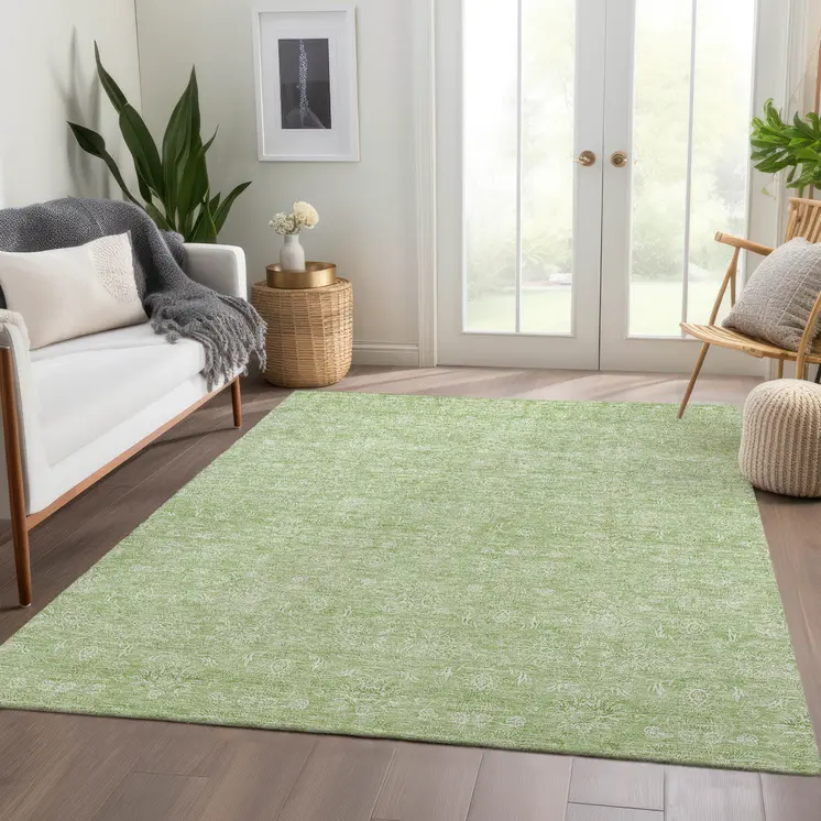 9' X 12' Artichoke Green Mint Green And Ivory Floral Washable Indoor Outdoor Area Rug