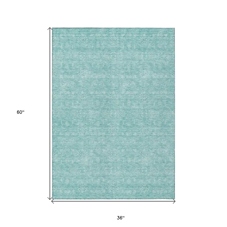 3' X 5' Aqua And Ivory Floral Washable Indoor Outdoor Area Rug