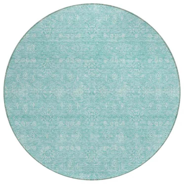 8' Aqua And Ivory Round Floral Washable Indoor Outdoor Area Rug