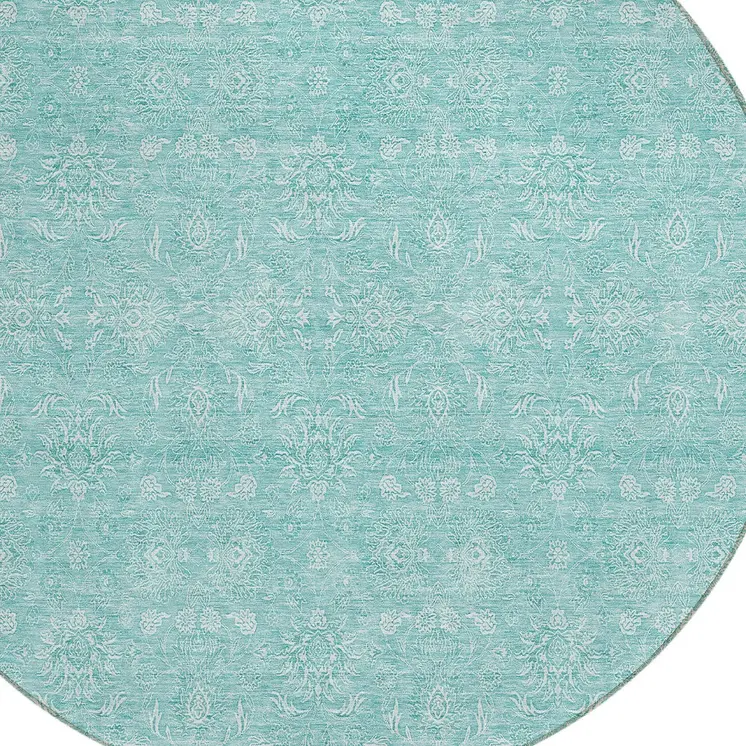 8' Aqua And Ivory Round Floral Washable Indoor Outdoor Area Rug