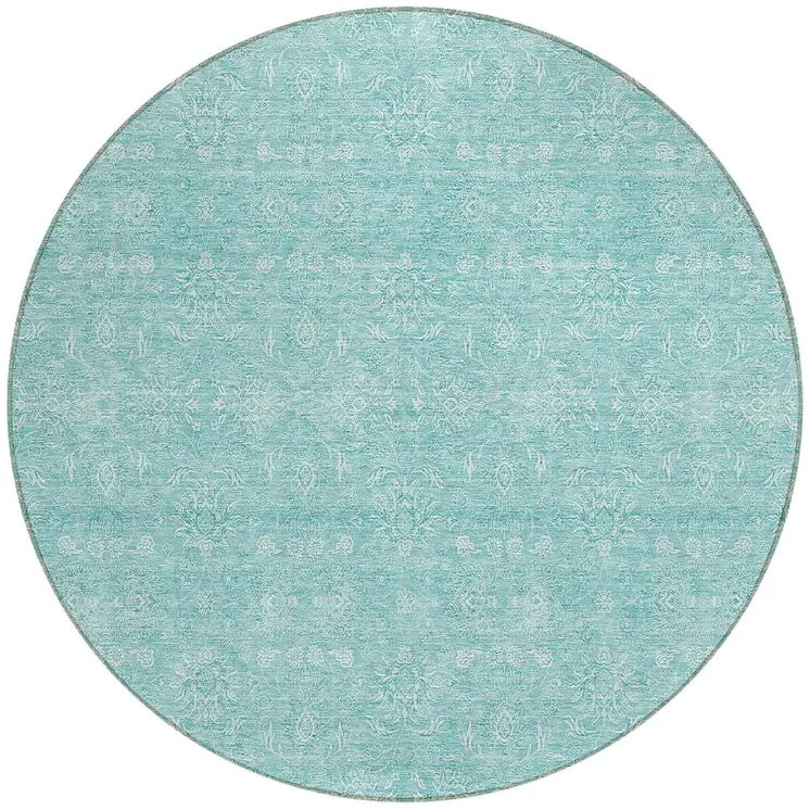 8' Aqua And Ivory Round Floral Washable Indoor Outdoor Area Rug