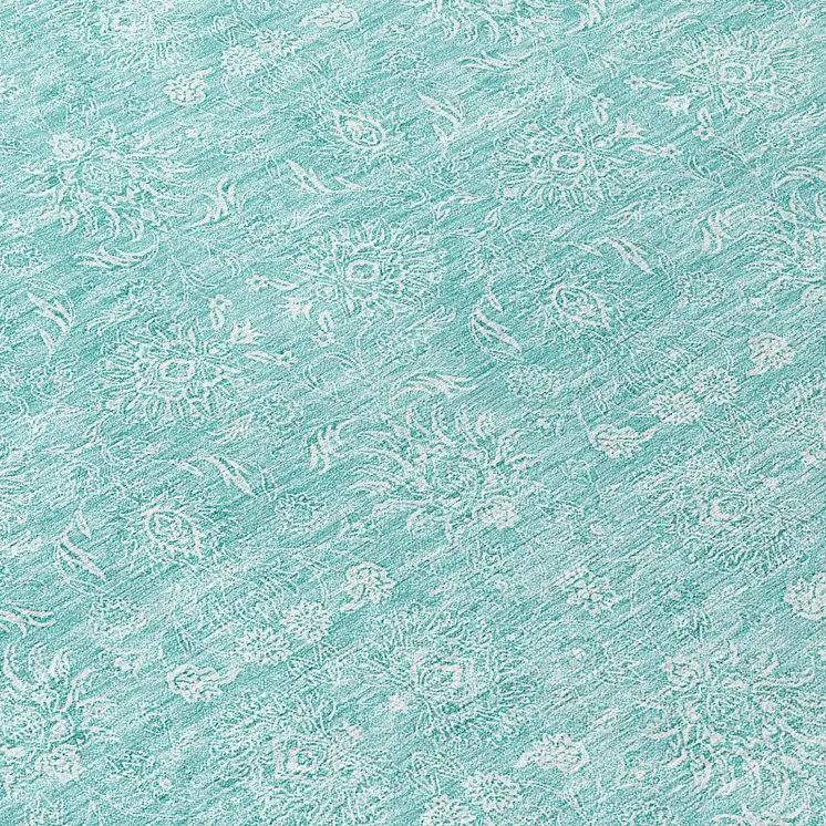 8' Aqua And Ivory Round Floral Washable Indoor Outdoor Area Rug