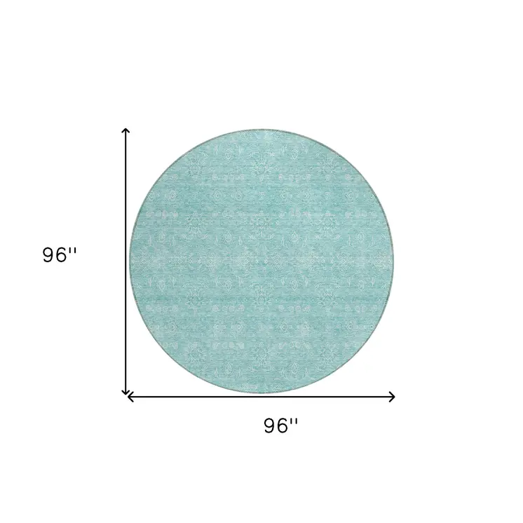 8' Aqua And Ivory Round Floral Washable Indoor Outdoor Area Rug