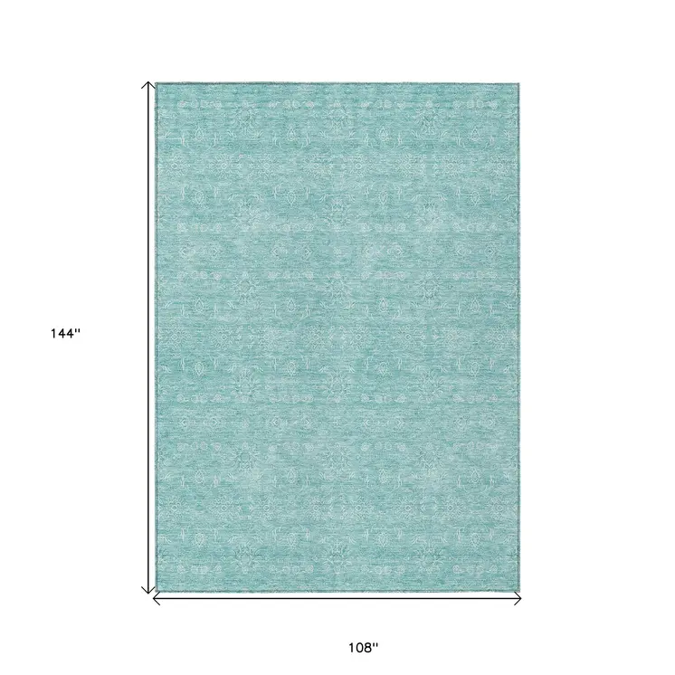 9' X 12' Aqua And Ivory Floral Washable Indoor Outdoor Area Rug