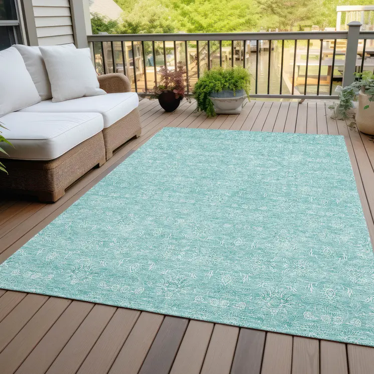 9' X 12' Aqua And Ivory Floral Washable Indoor Outdoor Area Rug