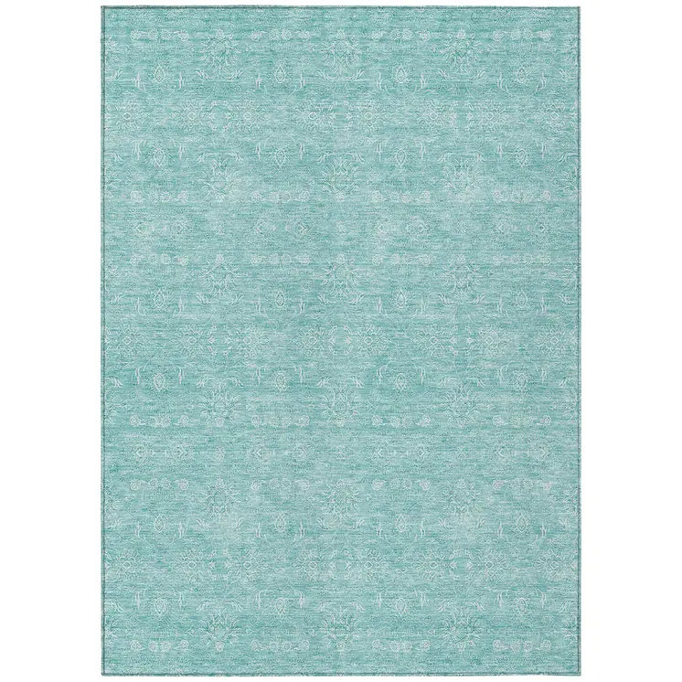 9' X 12' Aqua And Ivory Floral Washable Indoor Outdoor Area Rug