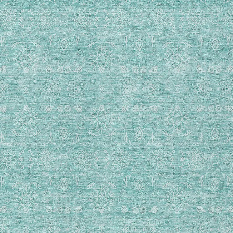 9' X 12' Aqua And Ivory Floral Washable Indoor Outdoor Area Rug
