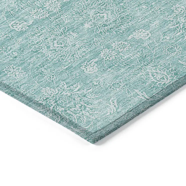 9' X 12' Aqua And Ivory Floral Washable Indoor Outdoor Area Rug