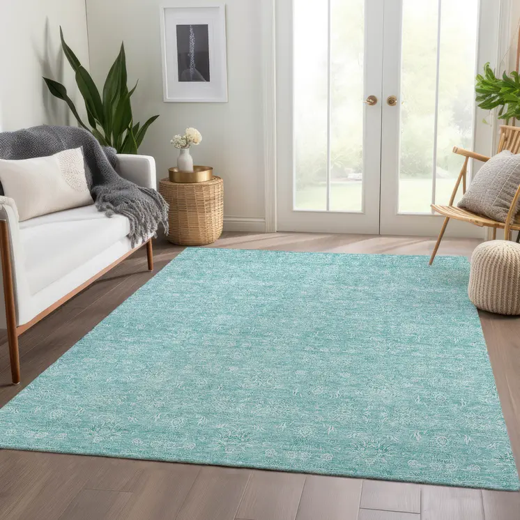 9' X 12' Aqua And Ivory Floral Washable Indoor Outdoor Area Rug