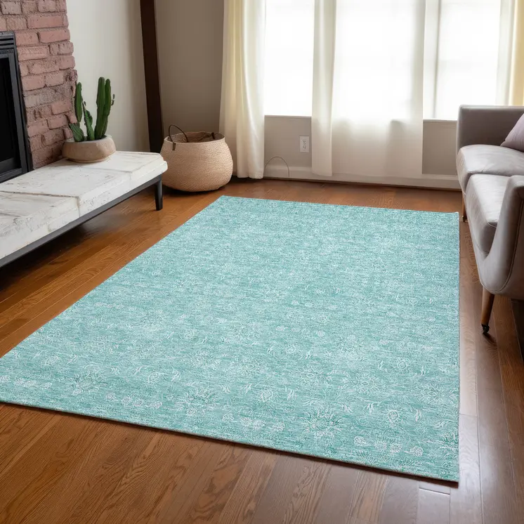 9' X 12' Aqua And Ivory Floral Washable Indoor Outdoor Area Rug