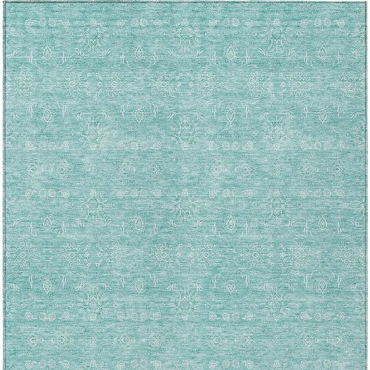 10' X 14' Aqua And Ivory Floral Washable Indoor Outdoor Area Rug