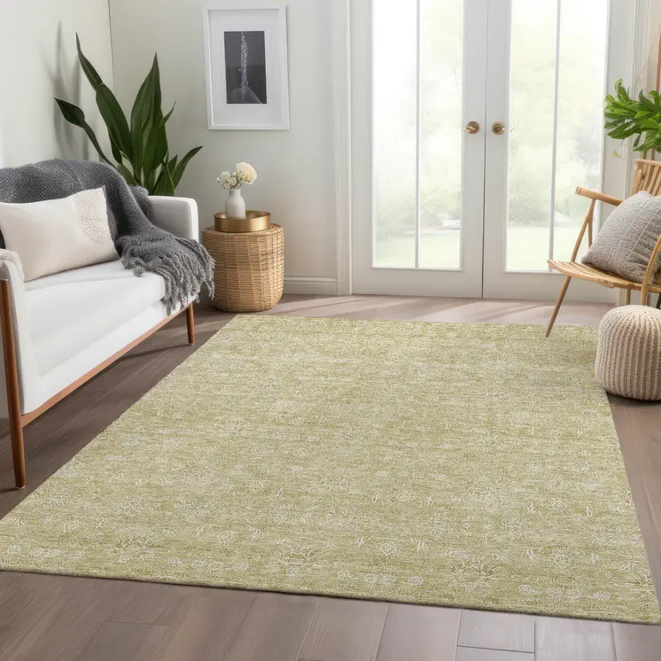 3' X 5' Beige Tan And Ivory Floral Washable Indoor Outdoor Area Rug
