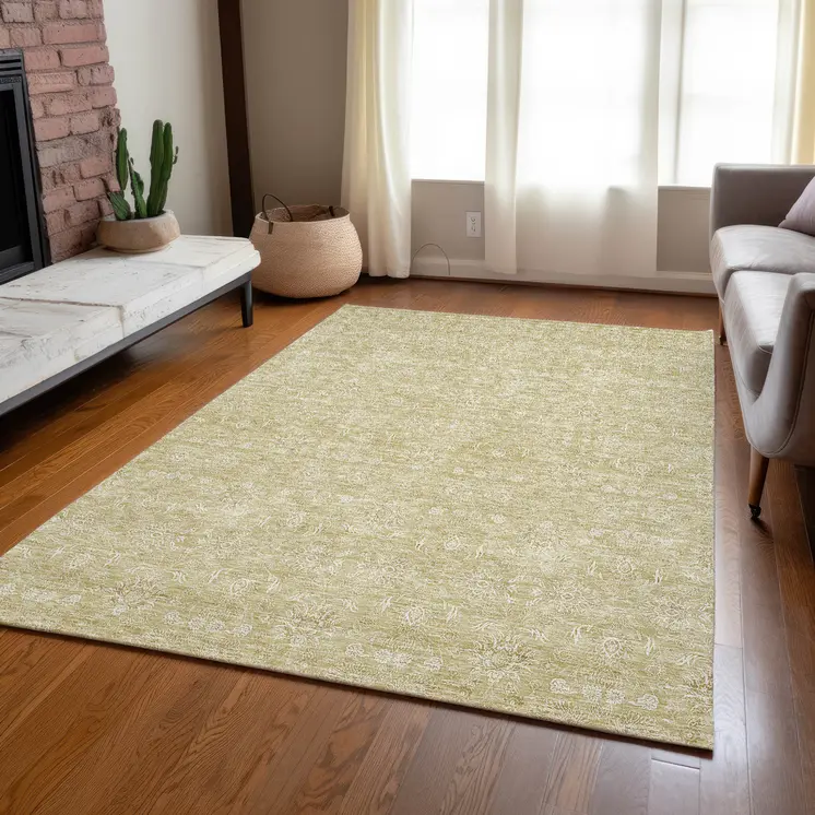 3' X 5' Beige Tan And Ivory Floral Washable Indoor Outdoor Area Rug