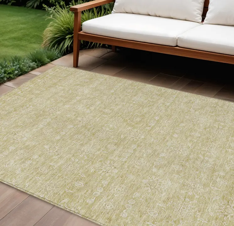 8' X 10' Beige Tan And Ivory Floral Washable Indoor Outdoor Area Rug