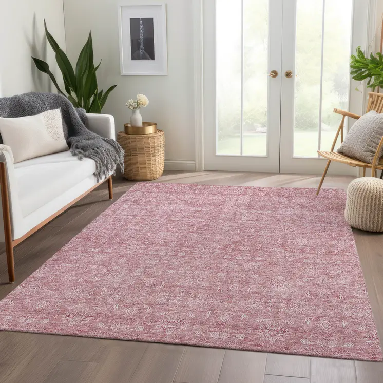 5' X 8' Blush Pink And Ivory Floral Washable Indoor Outdoor Area Rug