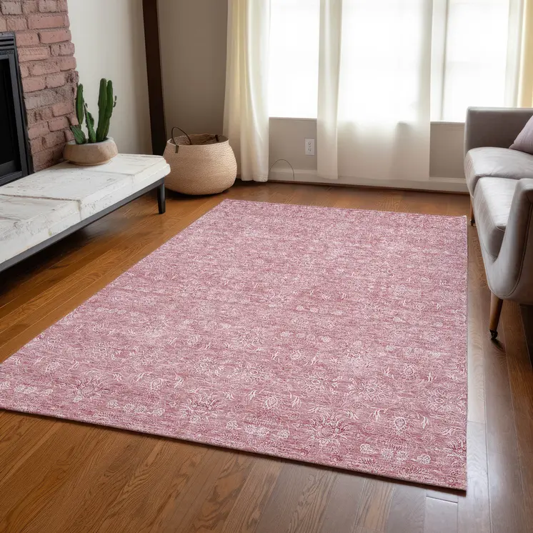 5' X 8' Blush Pink And Ivory Floral Washable Indoor Outdoor Area Rug