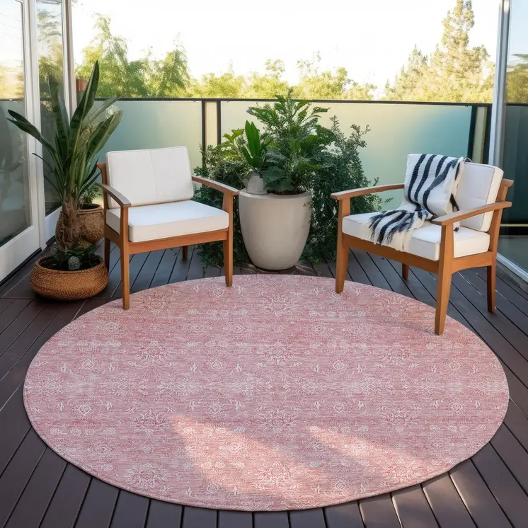 8' Blush Pink And Ivory Round Floral Washable Indoor Outdoor Area Rug
