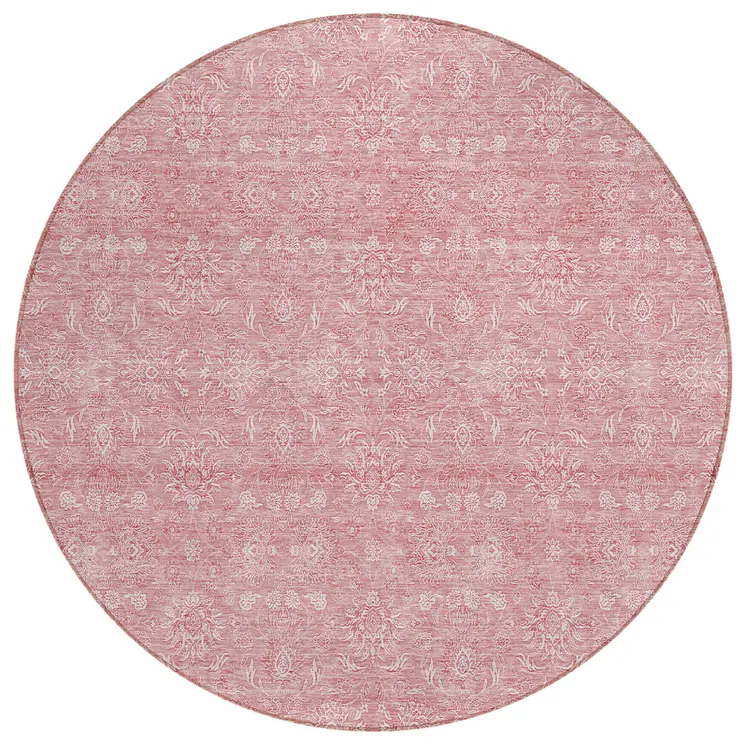 8' Blush Pink And Ivory Round Floral Washable Indoor Outdoor Area Rug
