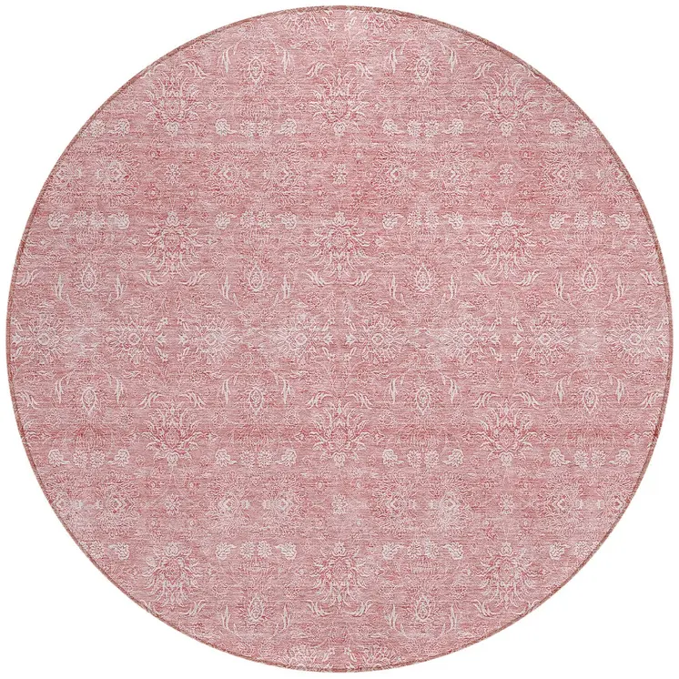 8' Blush Pink And Ivory Round Floral Washable Indoor Outdoor Area Rug