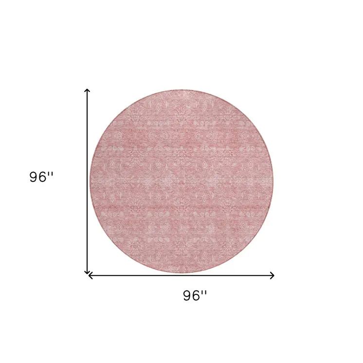 8' Blush Pink And Ivory Round Floral Washable Indoor Outdoor Area Rug