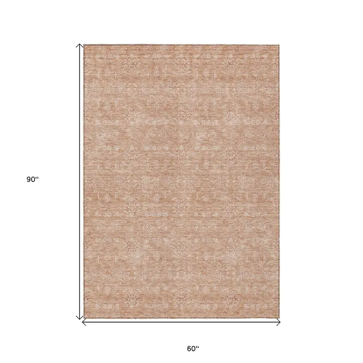 5' X 8' Copper And Beige Floral Washable Indoor Outdoor Area Rug