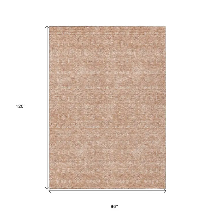 8' X 10' Copper And Beige Floral Washable Indoor Outdoor Area Rug