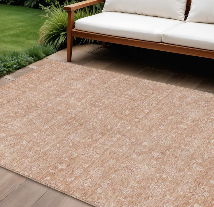 9' X 12' Copper And Beige Floral Washable Indoor Outdoor Area Rug