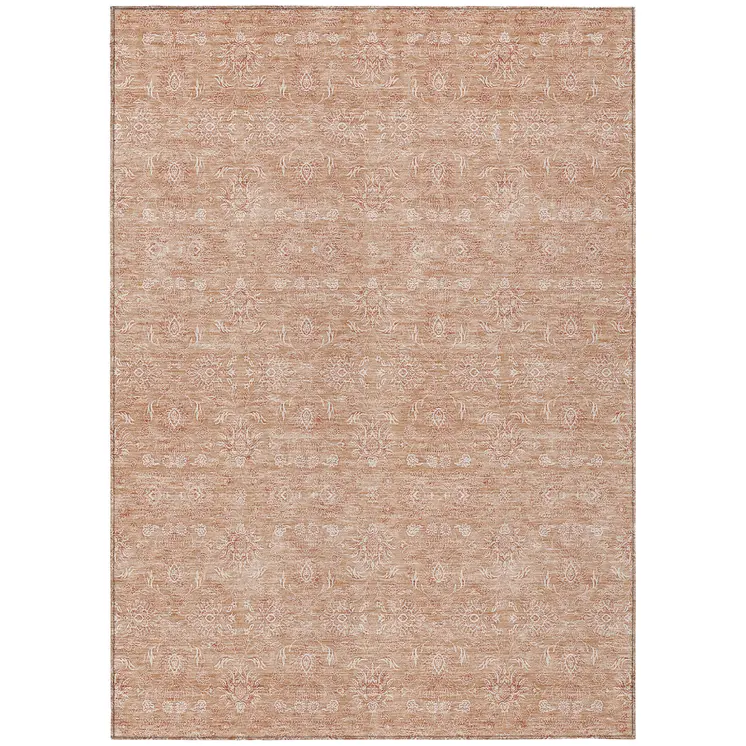 9' X 12' Copper And Beige Floral Washable Indoor Outdoor Area Rug