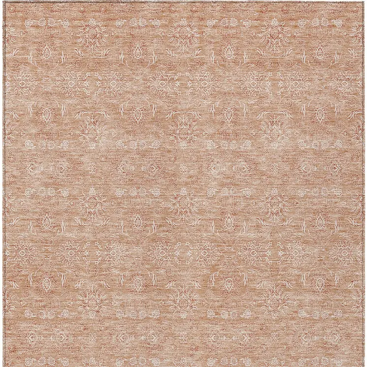 9' X 12' Copper And Beige Floral Washable Indoor Outdoor Area Rug