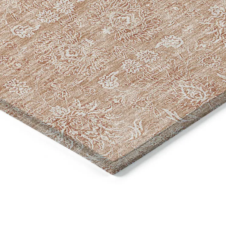 9' X 12' Copper And Beige Floral Washable Indoor Outdoor Area Rug