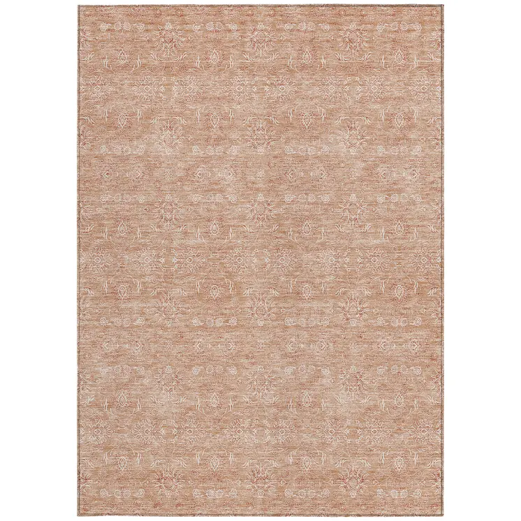 9' X 12' Copper And Beige Floral Washable Indoor Outdoor Area Rug