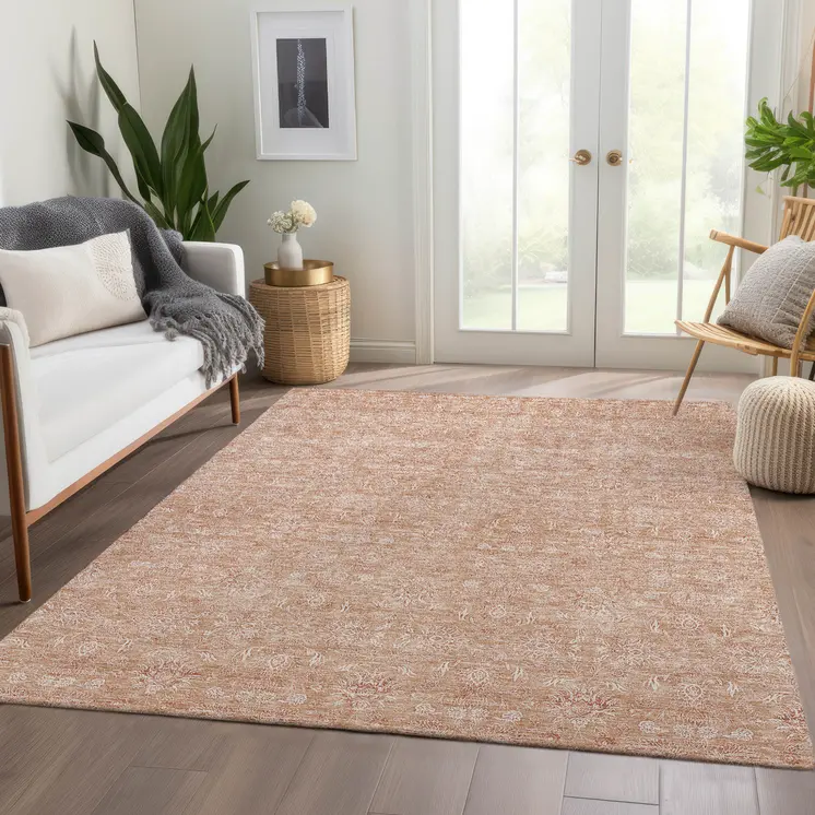 9' X 12' Copper And Beige Floral Washable Indoor Outdoor Area Rug