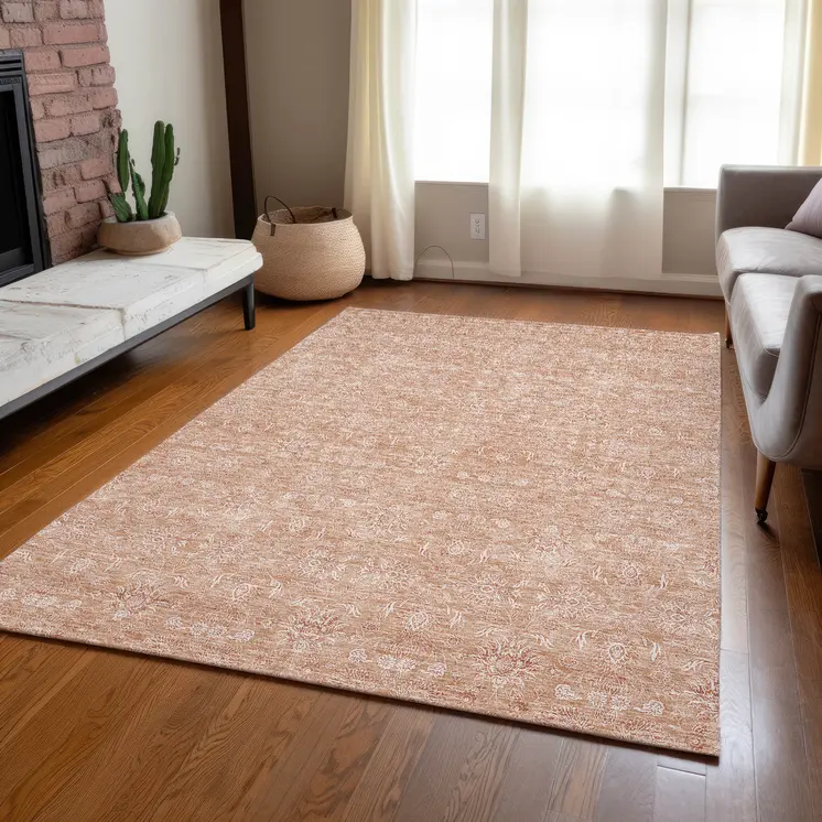 9' X 12' Copper And Beige Floral Washable Indoor Outdoor Area Rug