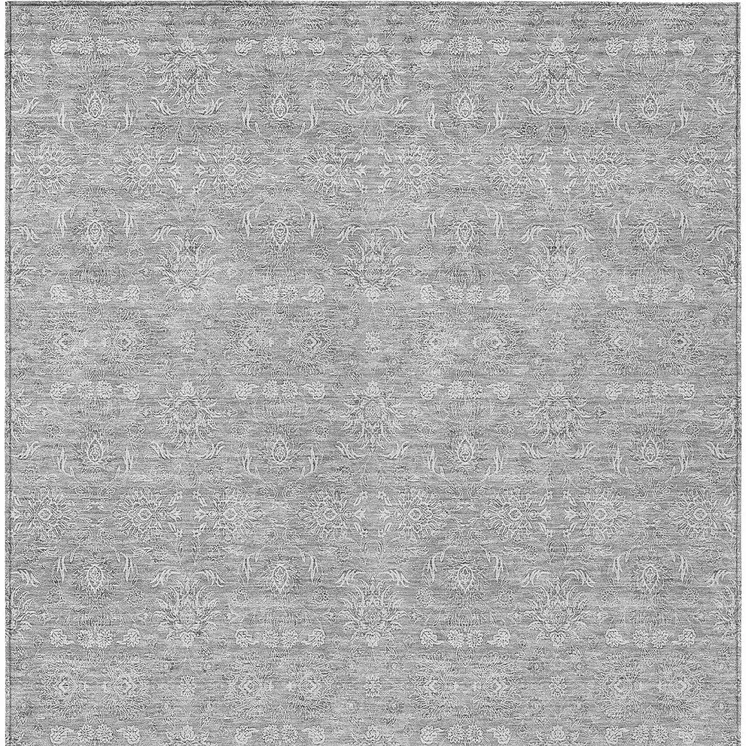 9' X 12' Gray Silver And Ivory Floral Washable Indoor Outdoor Area Rug