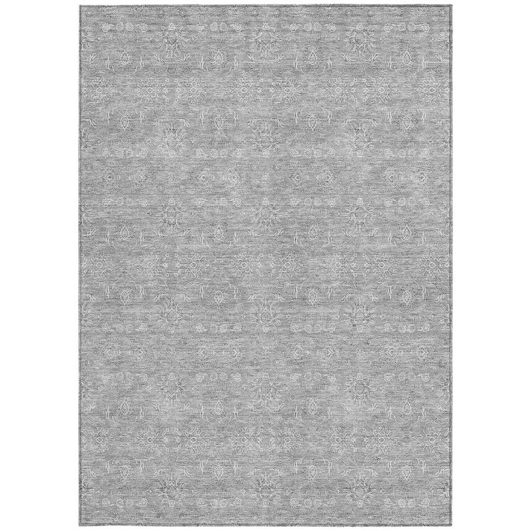10' X 14' Gray Silver And Ivory Floral Washable Indoor Outdoor Area Rug