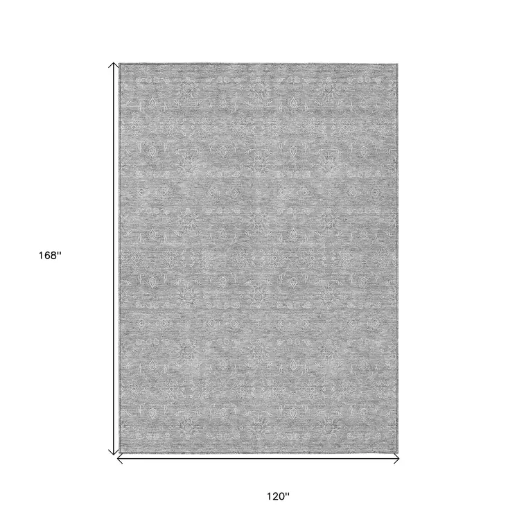 10' X 14' Gray Silver And Ivory Floral Washable Indoor Outdoor Area Rug