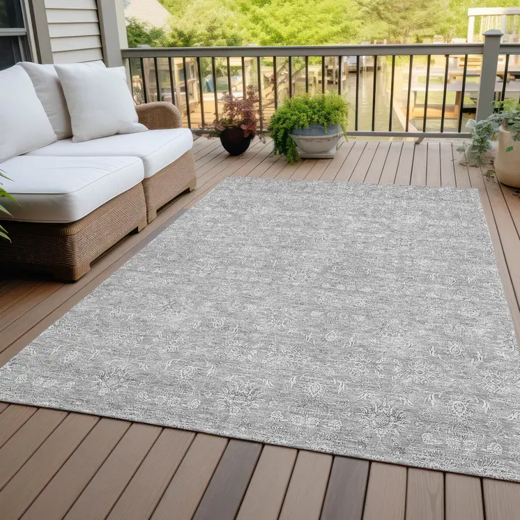 10' X 14' Gray Silver And Ivory Floral Washable Indoor Outdoor Area Rug
