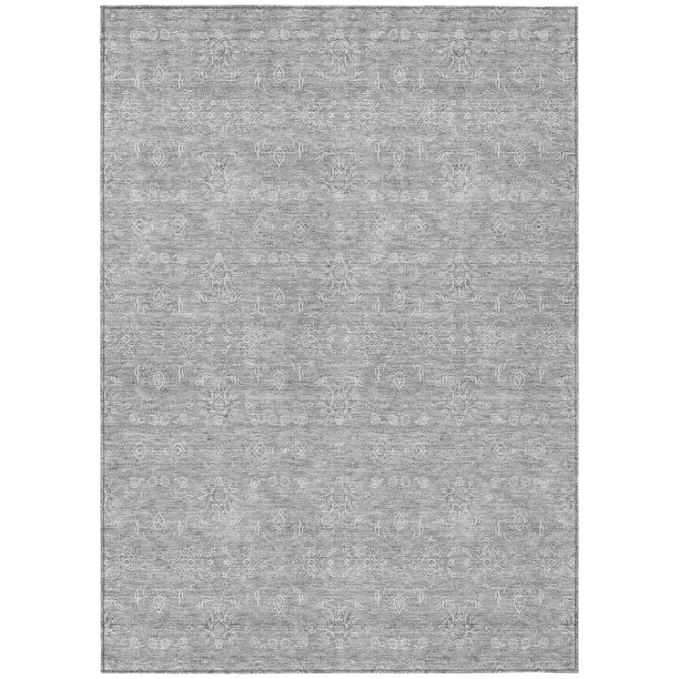 10' X 14' Gray Silver And Ivory Floral Washable Indoor Outdoor Area Rug