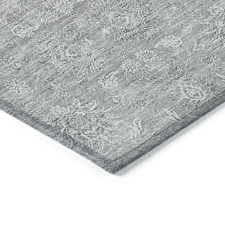 10' X 14' Gray Silver And Ivory Floral Washable Indoor Outdoor Area Rug