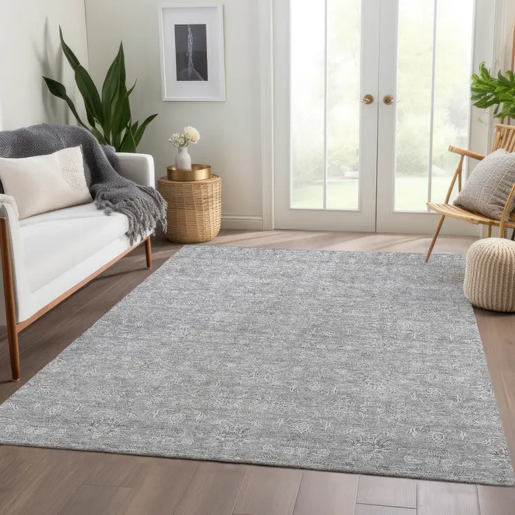 10' X 14' Gray Silver And Ivory Floral Washable Indoor Outdoor Area Rug