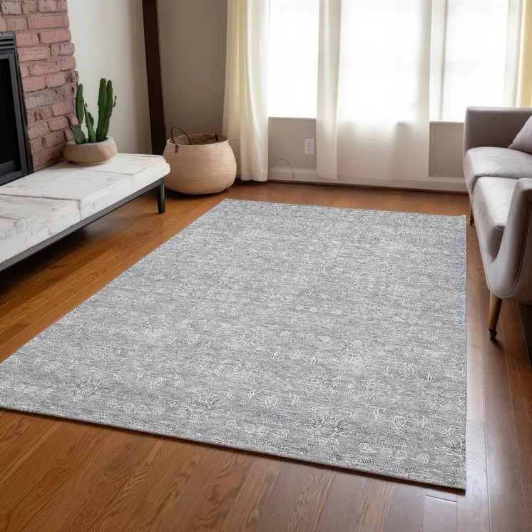 10' X 14' Gray Silver And Ivory Floral Washable Indoor Outdoor Area Rug