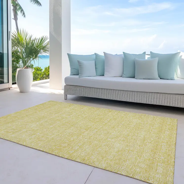 3' X 5' Yellow Gold And Ivory Floral Washable Indoor Outdoor Area Rug