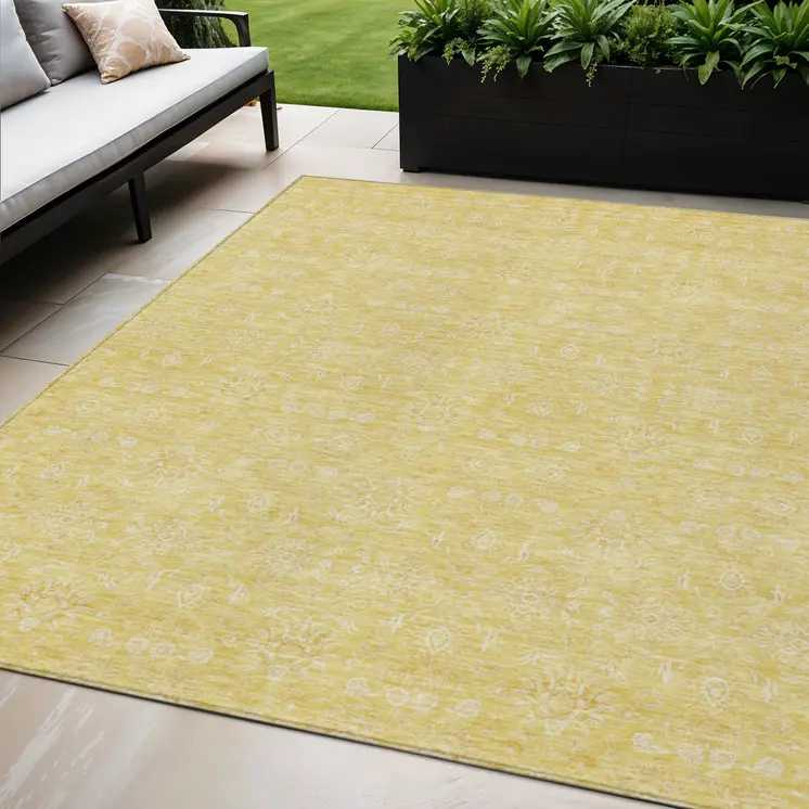 5' X 8' Yellow Gold And Ivory Floral Washable Indoor Outdoor Area Rug