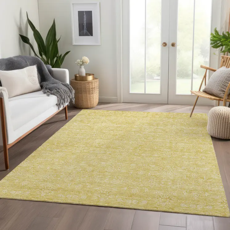 5' X 8' Yellow Gold And Ivory Floral Washable Indoor Outdoor Area Rug