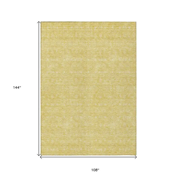 9' X 12' Yellow Gold And Ivory Floral Washable Indoor Outdoor Area Rug