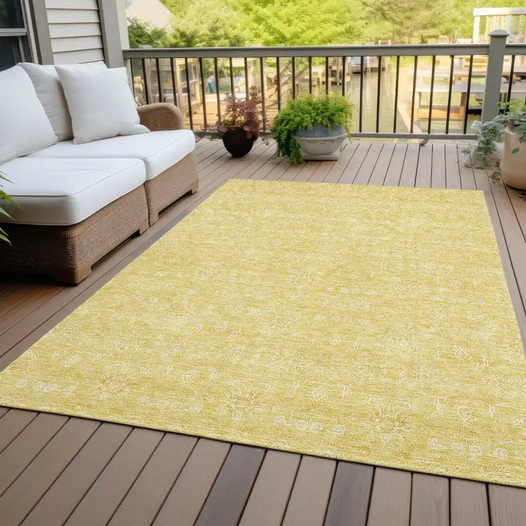 10' X 14' Yellow Gold And Ivory Floral Washable Indoor Outdoor Area Rug