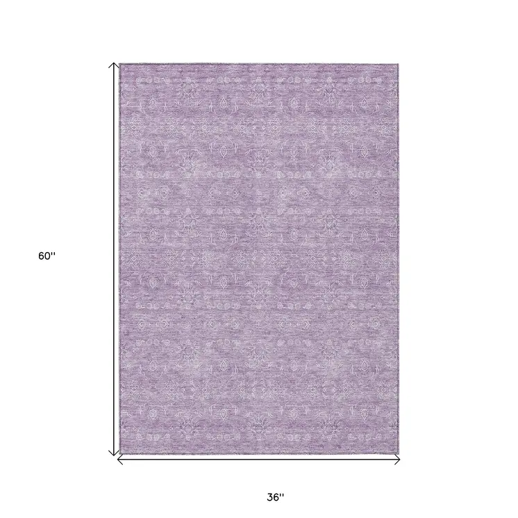 3' X 5' Lavender Lilac And Ivory Floral Washable Indoor Outdoor Area Rug